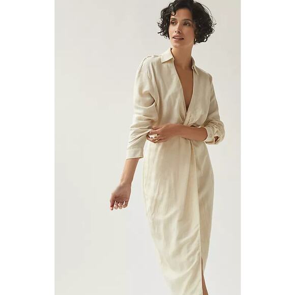 Anthropologie V-Neck Knot Front Midi Dress White Size 6 - Picture 3 of 10